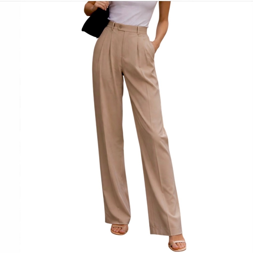 Boss Karliea Pleated Wide Leg Menswear Style Tan Trouser UNHEMMED Small